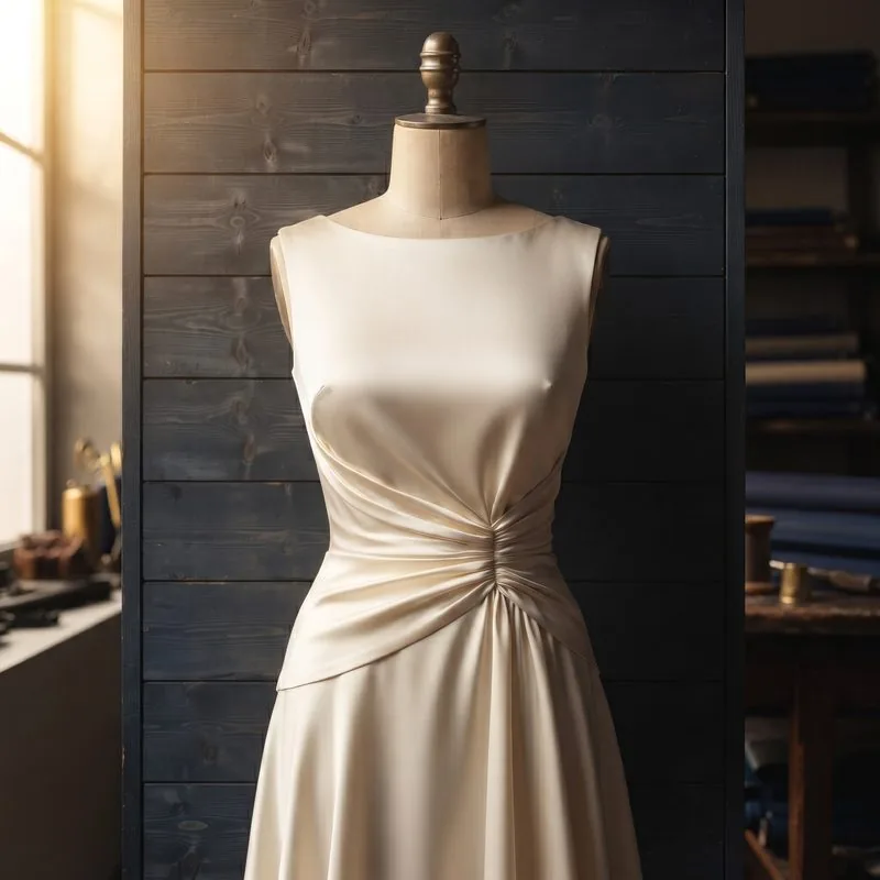 Cremefarbenes Abendkleid an einer Schneiderbüste mit geraffter Taille.